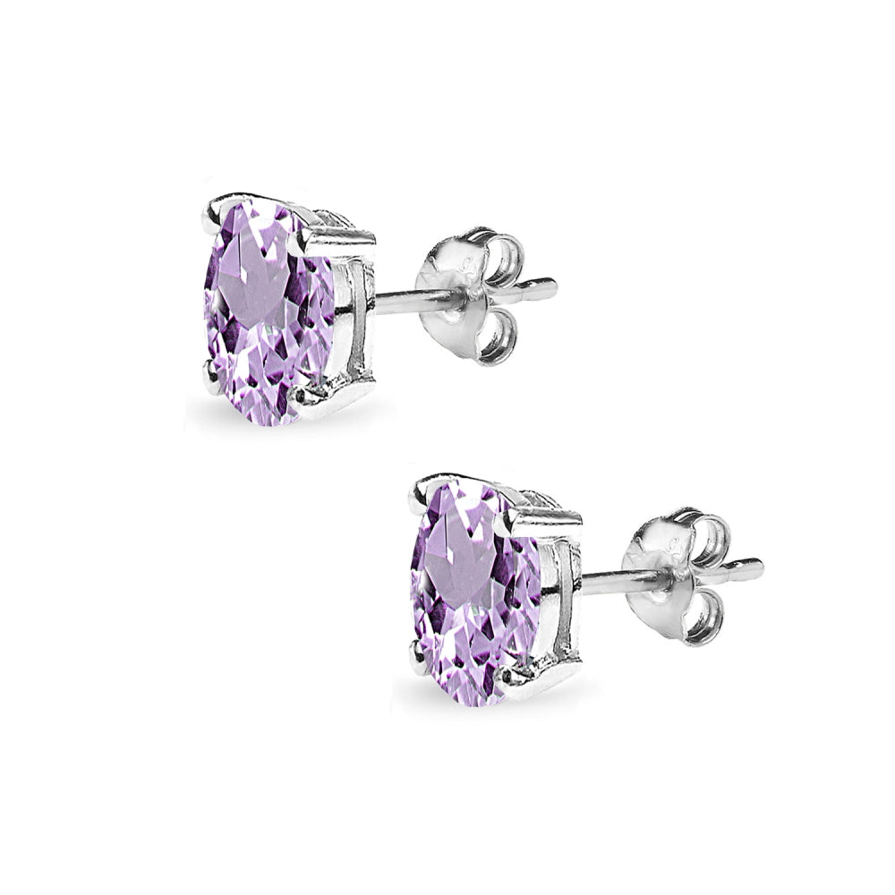 Sterling Silver Amethyst 7x5mm Oval-Cut Solitaire Stud Earrings-2