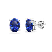 Sterling Silver Created Blue Sapphire 7x5mm Oval-Cut Solitaire Stud Earrings