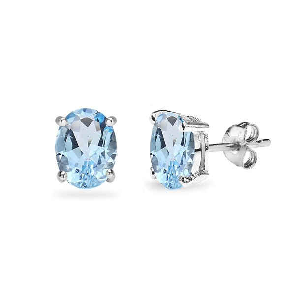 Sterling Silver Blue Topaz 7x5mm Oval-Cut Solitaire Stud Earrings