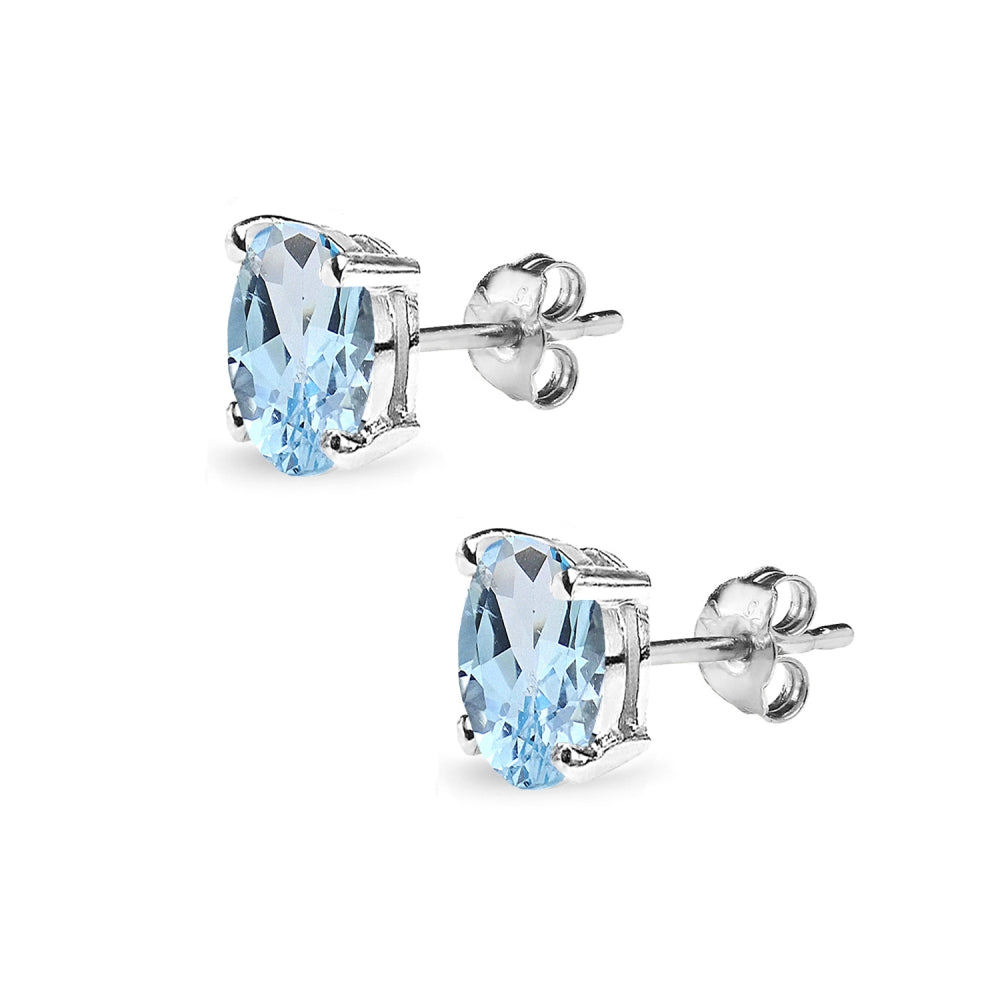 Sterling Silver Blue Topaz 7x5mm Oval-Cut Solitaire Stud Earrings-2