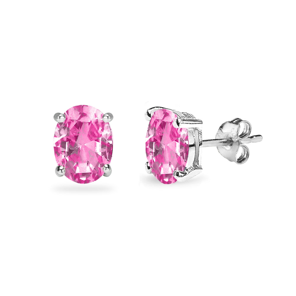 Sterling Silver Created Pink Sapphire 7x5mm Oval Solitaire Dainty Stud Earrings