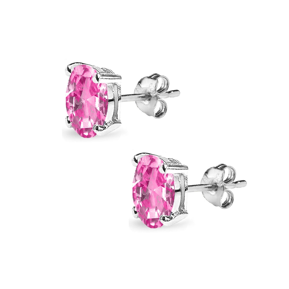 Sterling Silver Created Pink Sapphire 7x5mm Oval Solitaire Dainty Stud Earrings-2