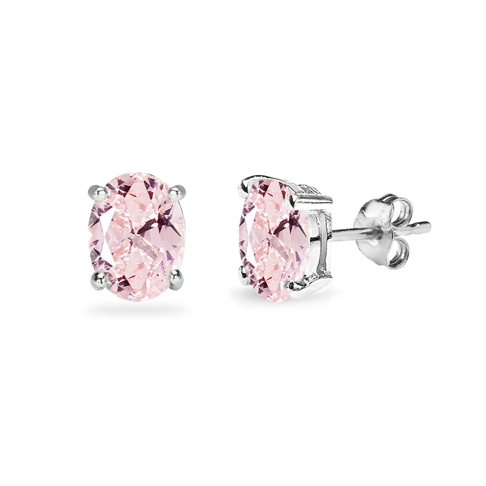 Sterling Silver Created Morganite 7x5mm Oval Solitaire Dainty Stud Earrings