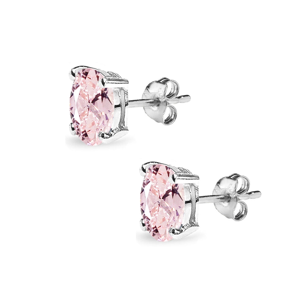 Sterling Silver Created Morganite 7x5mm Oval Solitaire Dainty Stud Earrings-2