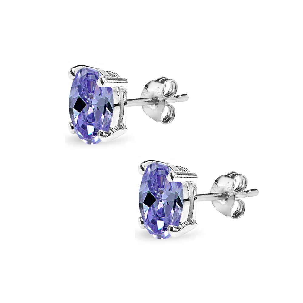 Sterling Silver Created Tanzanite 7x5mm Oval Solitaire Dainty Stud Earrings-2