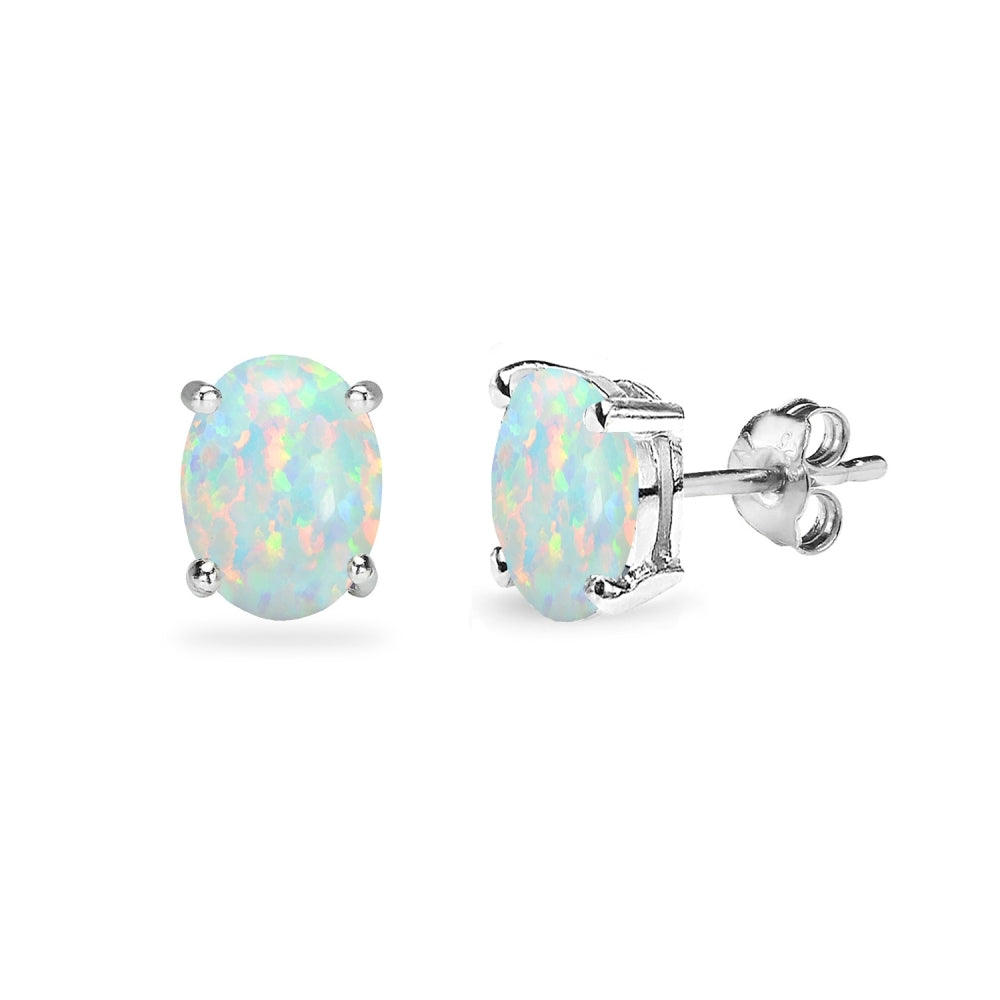 Sterling Silver Created White Opal 7x5mm Oval-Cut Solitaire Stud Earrings