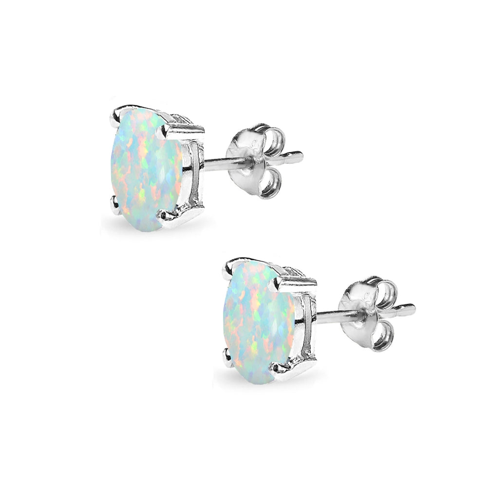 Sterling Silver Created White Opal 7x5mm Oval-Cut Solitaire Stud Earrings-2