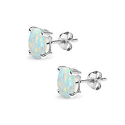 Sterling Silver Created White Opal 7x5mm Oval-Cut Solitaire Stud Earrings