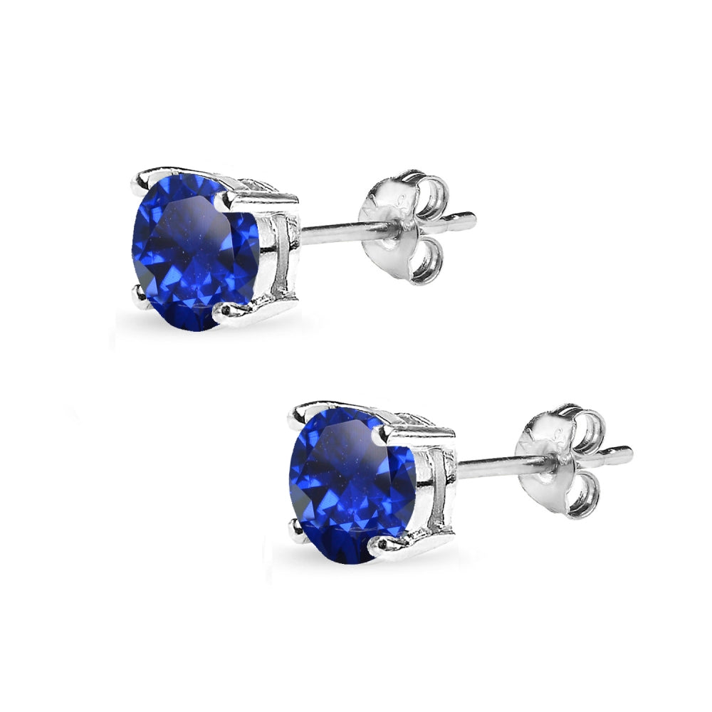 Sterling Silver Created Blue Sapphire 7mm Round-Cut Solitaire Stud Earrings-2