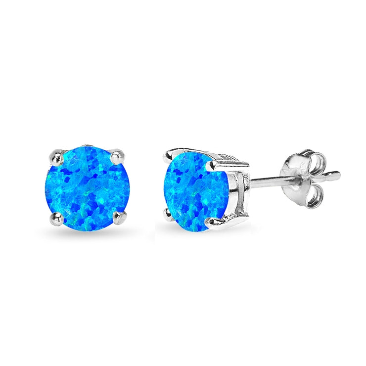 Sterling Silver Created Blue Opal 7mm Round-Cut Solitaire Stud Earrings