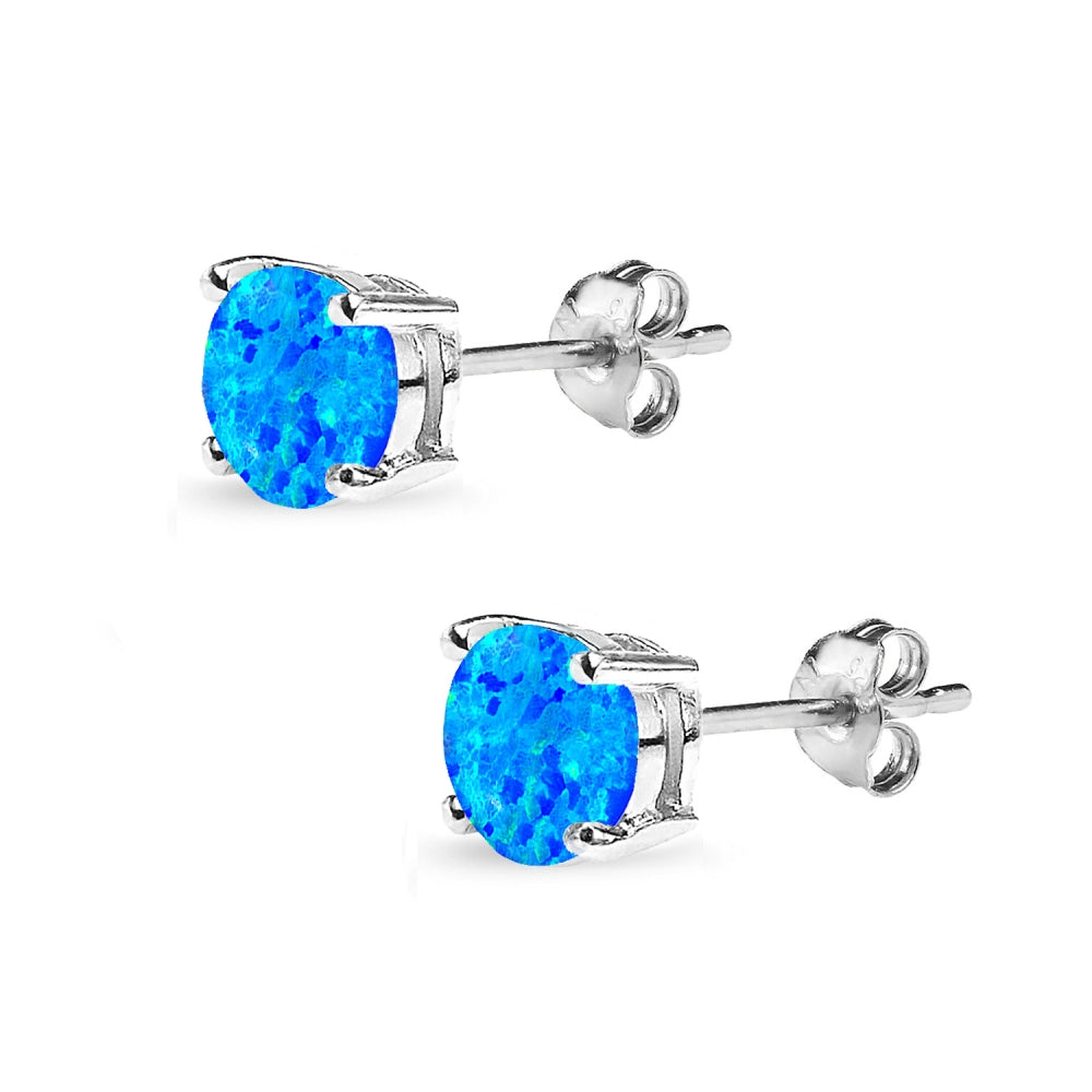 Sterling Silver Created Blue Opal 7mm Round-Cut Solitaire Stud Earrings-2