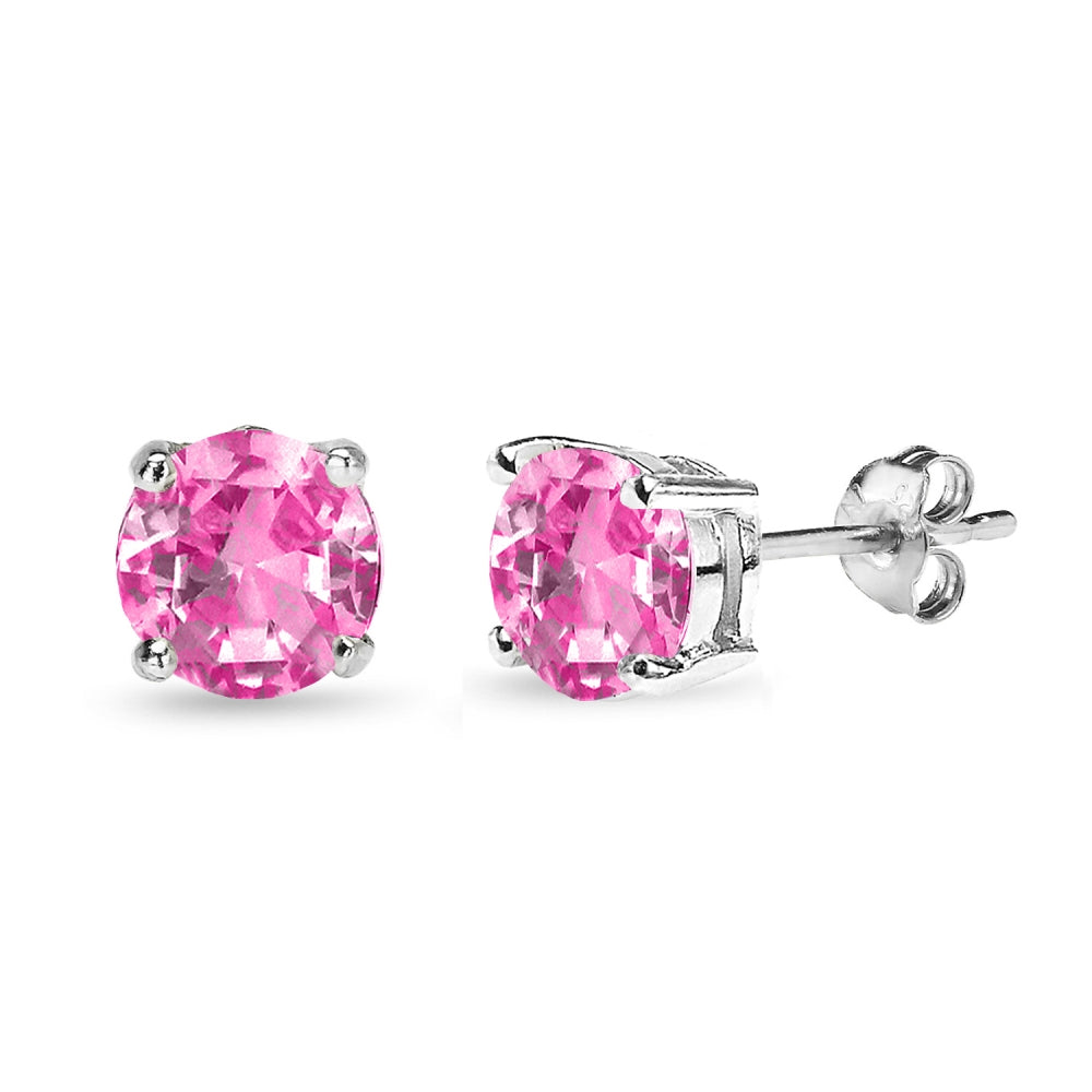 Sterling Silver Created Pink Sapphire 7mm Round Solitaire Dainty Stud Earrings