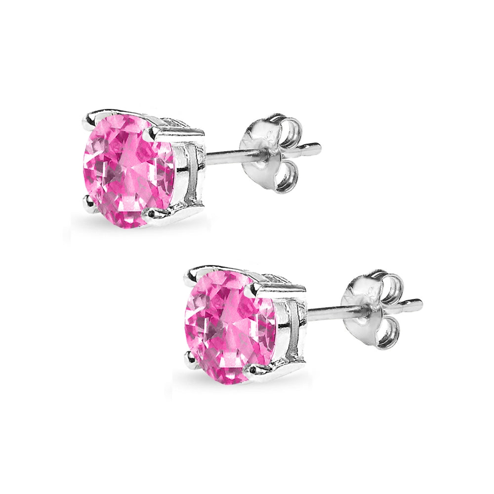 Sterling Silver Created Pink Sapphire 7mm Round Solitaire Dainty Stud Earrings-2