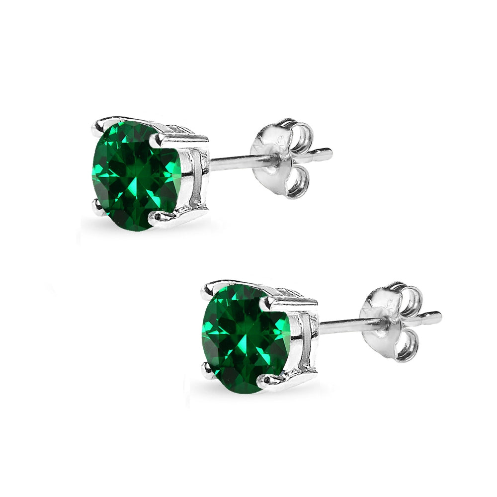 Sterling Silver Created Emerald 7mm Round-Cut Solitaire Stud Earrings-2