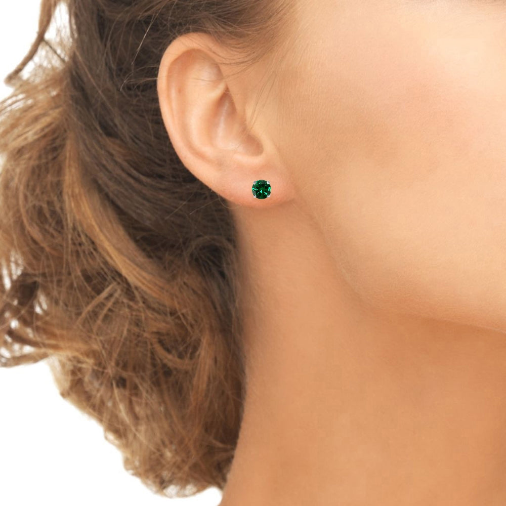 Sterling Silver Created Emerald 7mm Round-Cut Solitaire Stud Earrings-3
