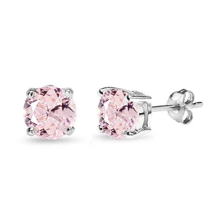 Sterling Silver Created Morganite 7mm Round Solitaire Dainty Stud Earrings