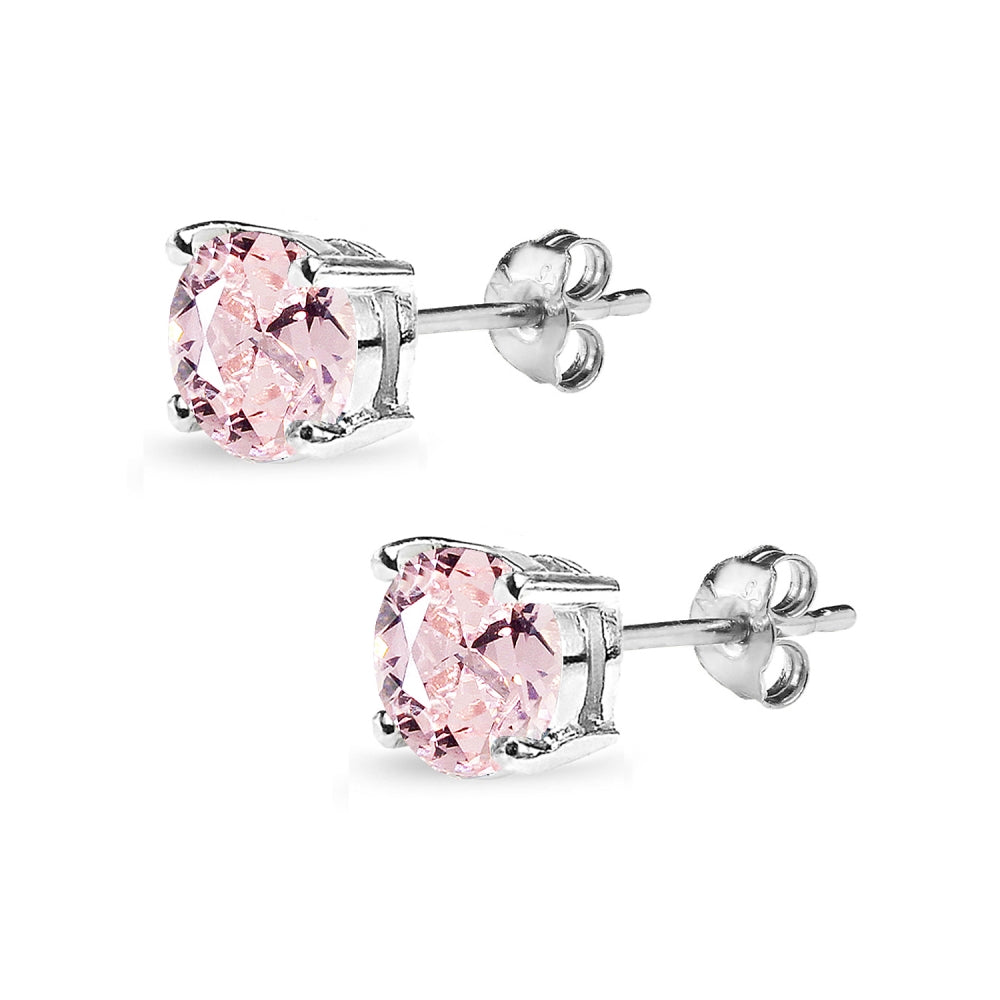 Sterling Silver Created Morganite 7mm Round Solitaire Dainty Stud Earrings-2