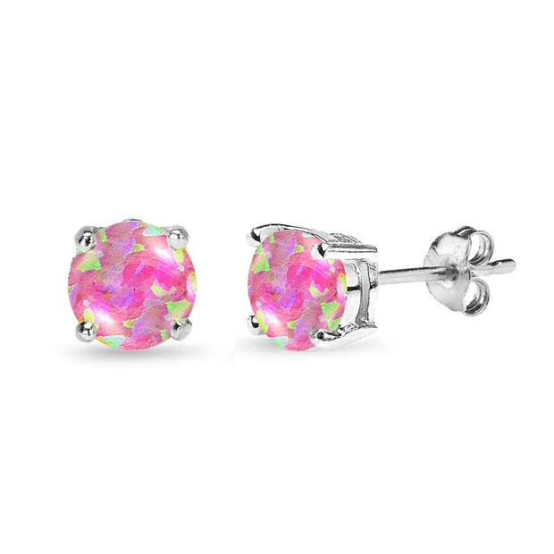 Sterling Silver Created Pink Opal 7mm Round-Cut Solitaire Stud Earrings