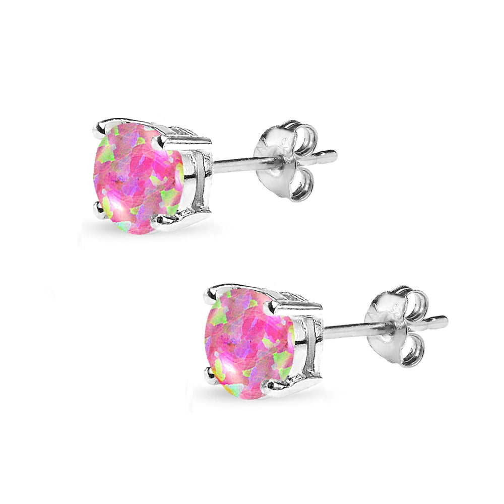 Sterling Silver Created Pink Opal 7mm Round-Cut Solitaire Stud Earrings-2