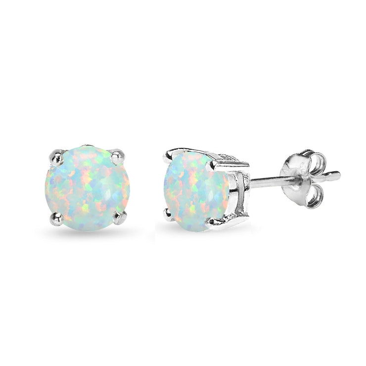 Sterling Silver Created White Opal 7mm Round-Cut Solitaire Stud Earrings