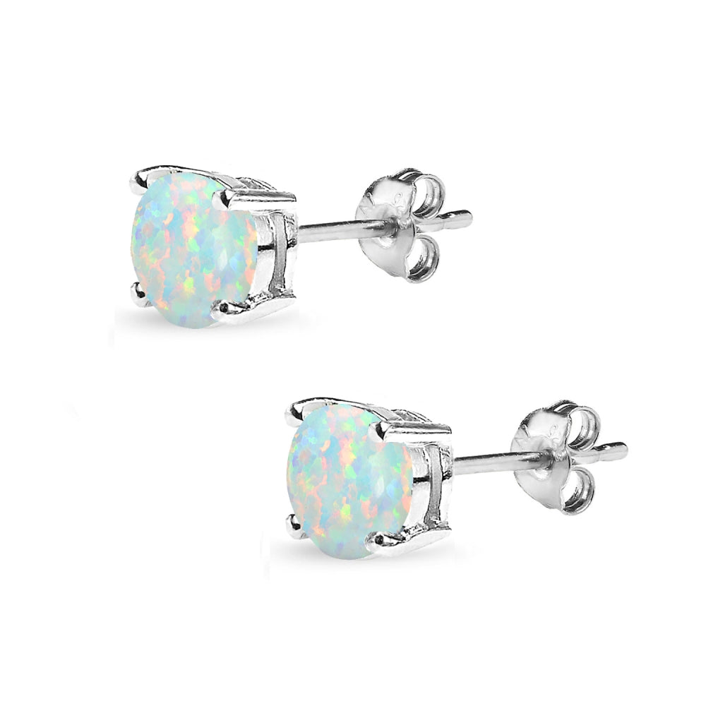 Sterling Silver Created White Opal 7mm Round-Cut Solitaire Stud Earrings-2