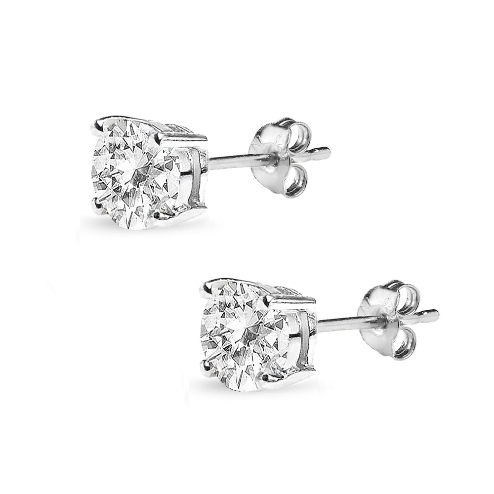 Sterling Silver White Topaz 7mm Round-Cut Solitaire Stud Earrings-2