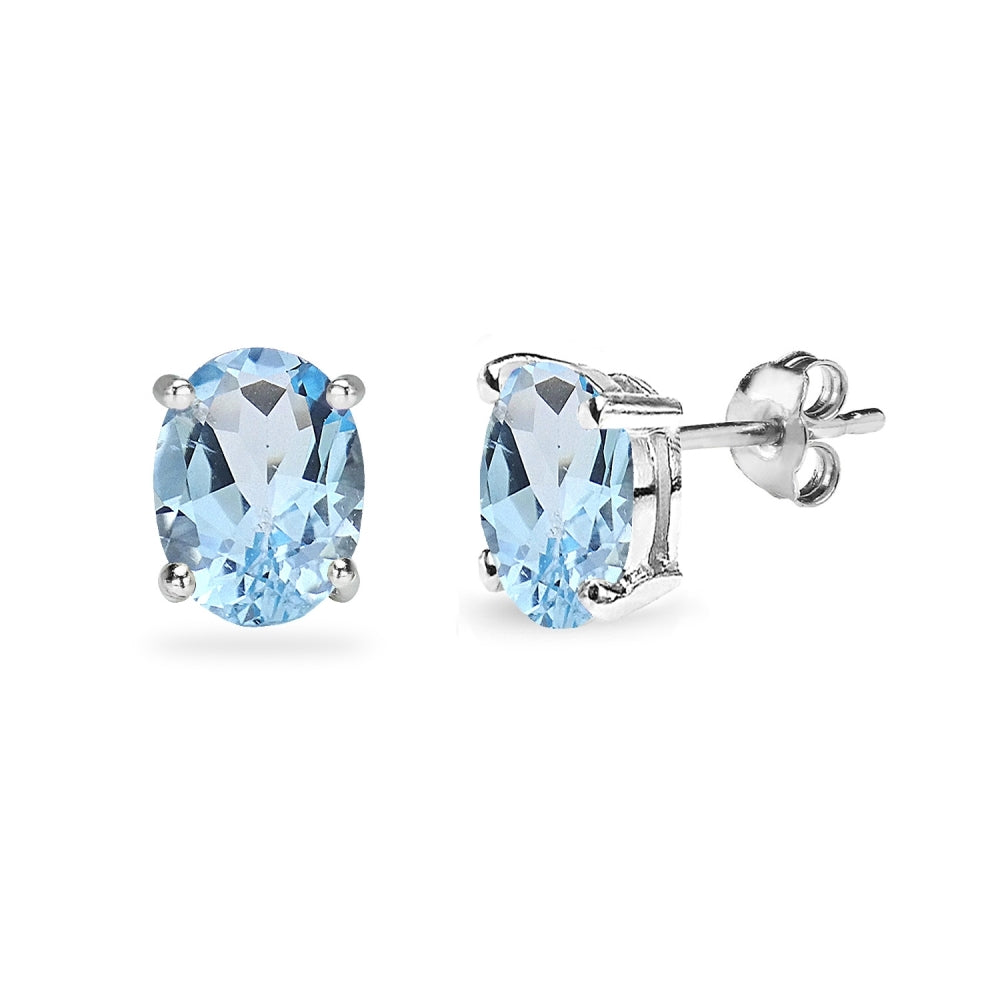Sterling Silver Blue Topaz 8x6mm Oval-Cut Solitaire Stud Earrings