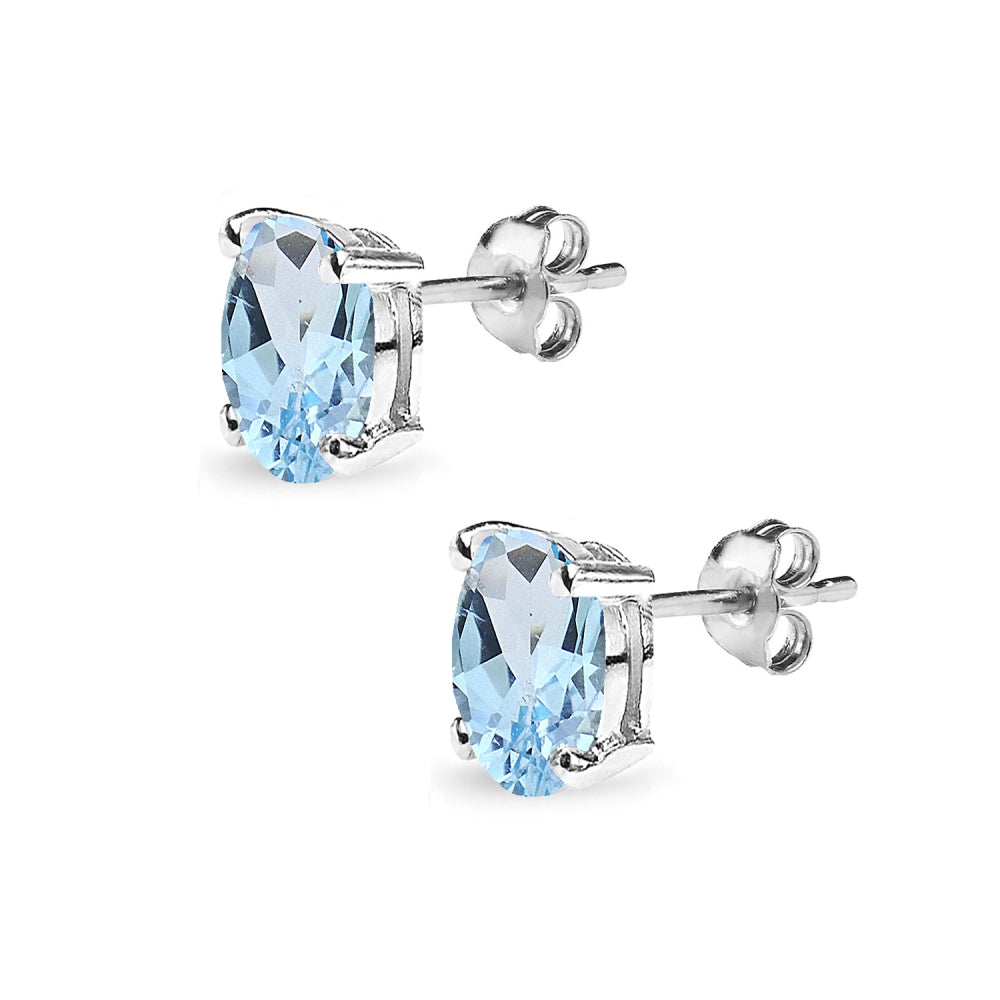 Sterling Silver Blue Topaz 8x6mm Oval-Cut Solitaire Stud Earrings-2