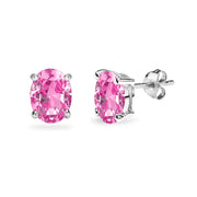 Sterling Silver Created Pink Sapphire 8x6mm Oval Solitaire Dainty Stud Earrings