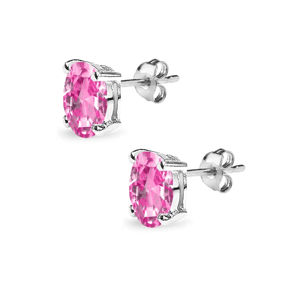 Sterling Silver Created Pink Sapphire 8x6mm Oval Solitaire Dainty Stud Earrings-2