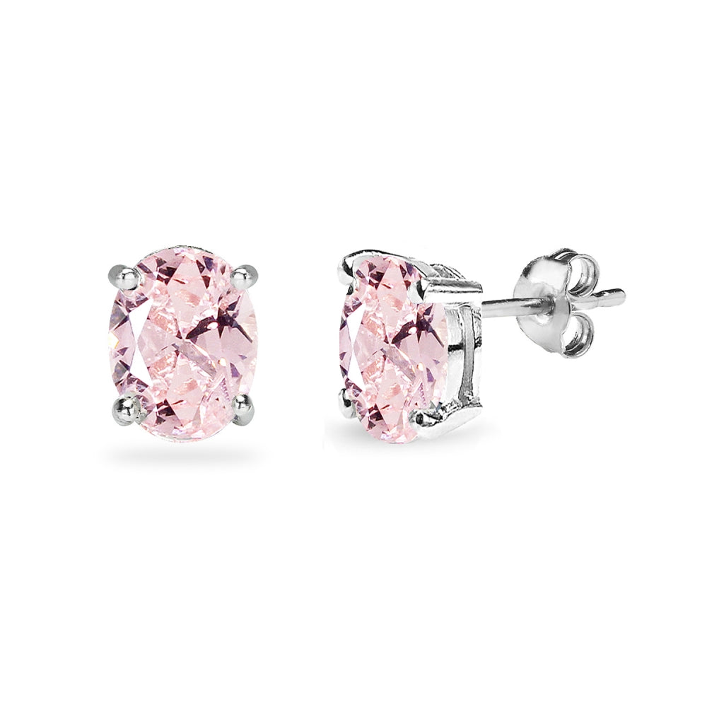 Sterling Silver Created Morganite 8x6mm Oval Solitaire Dainty Stud Earrings