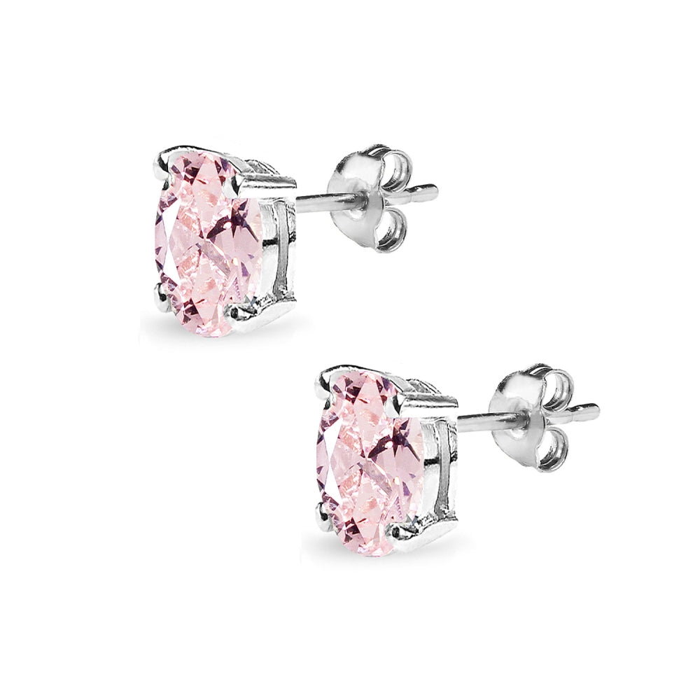 Sterling Silver Created Morganite 8x6mm Oval Solitaire Dainty Stud Earrings-2