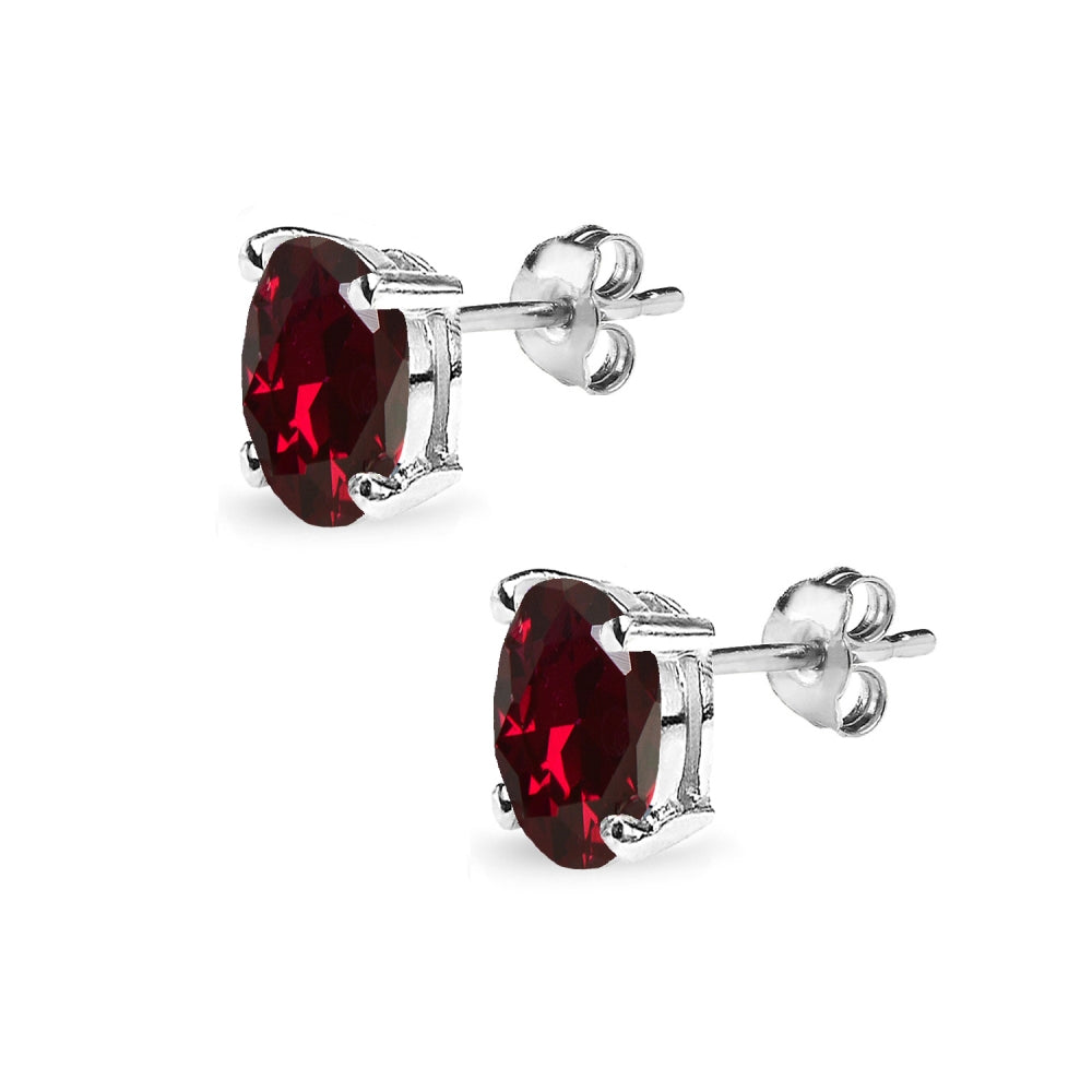 Sterling Silver Created Ruby 8x6mm Oval-Cut Solitaire Stud Earrings-2
