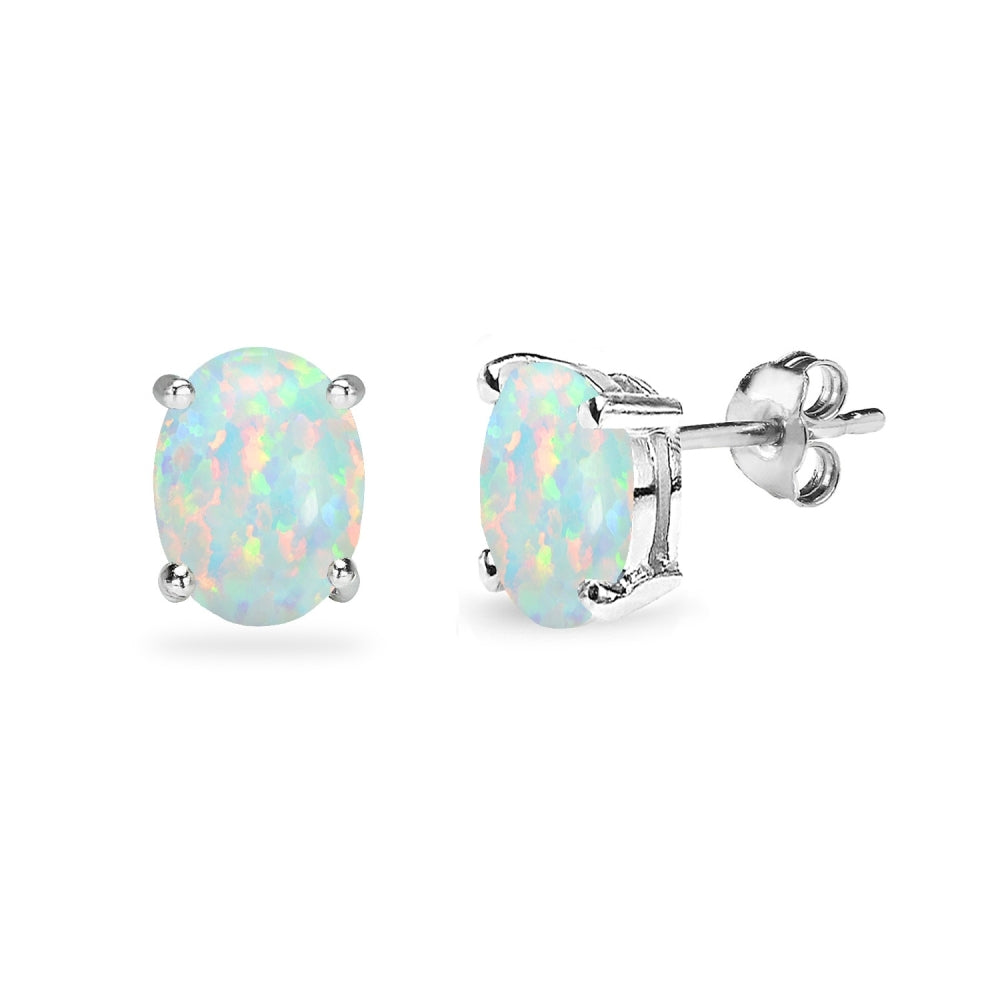 Sterling Silver Created White Opal 8x6mm Oval-Cut Solitaire Stud Earrings