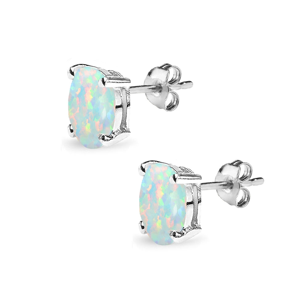 Sterling Silver Created White Opal 8x6mm Oval-Cut Solitaire Stud Earrings-2