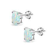 Sterling Silver Created White Opal 8x6mm Oval-Cut Solitaire Stud Earrings