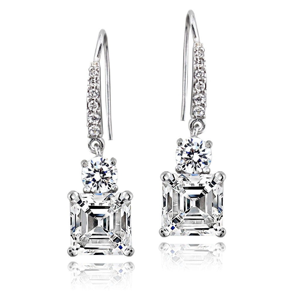 Sterling Silver Asscher-Cut Cubic Zirconia Dangle  Earrings