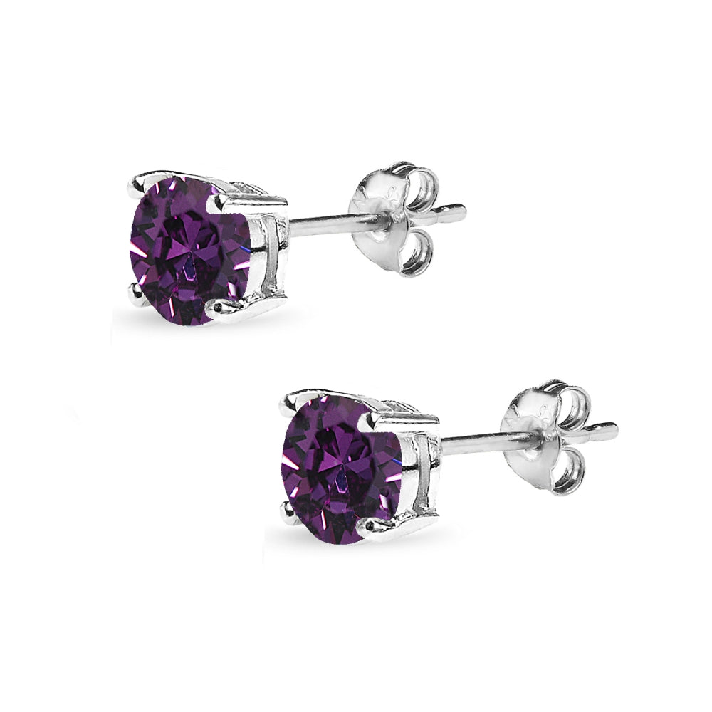 Sterling Silver 6mm Purple Round Solitaire Stud Earrings Made with Swarovski Crystals-2