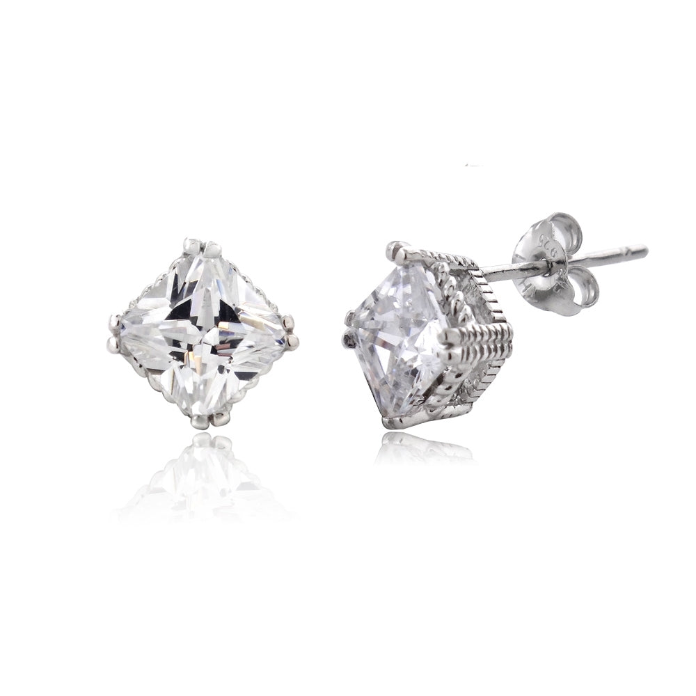 Sterling Silver 2.ct CZ Diamond-Shape Stud Earrings