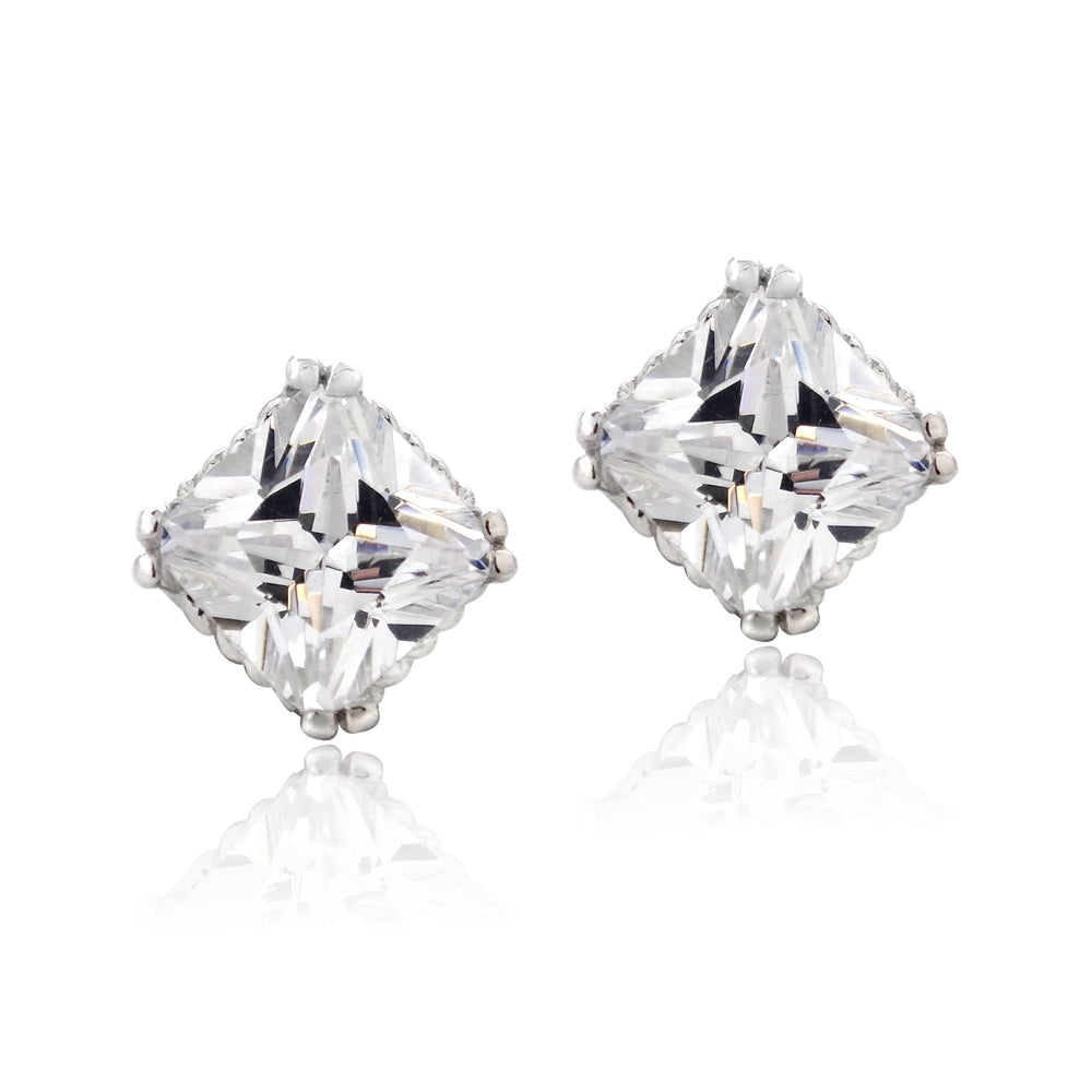 Sterling Silver 2.ct CZ Diamond-Shape Stud Earrings-2