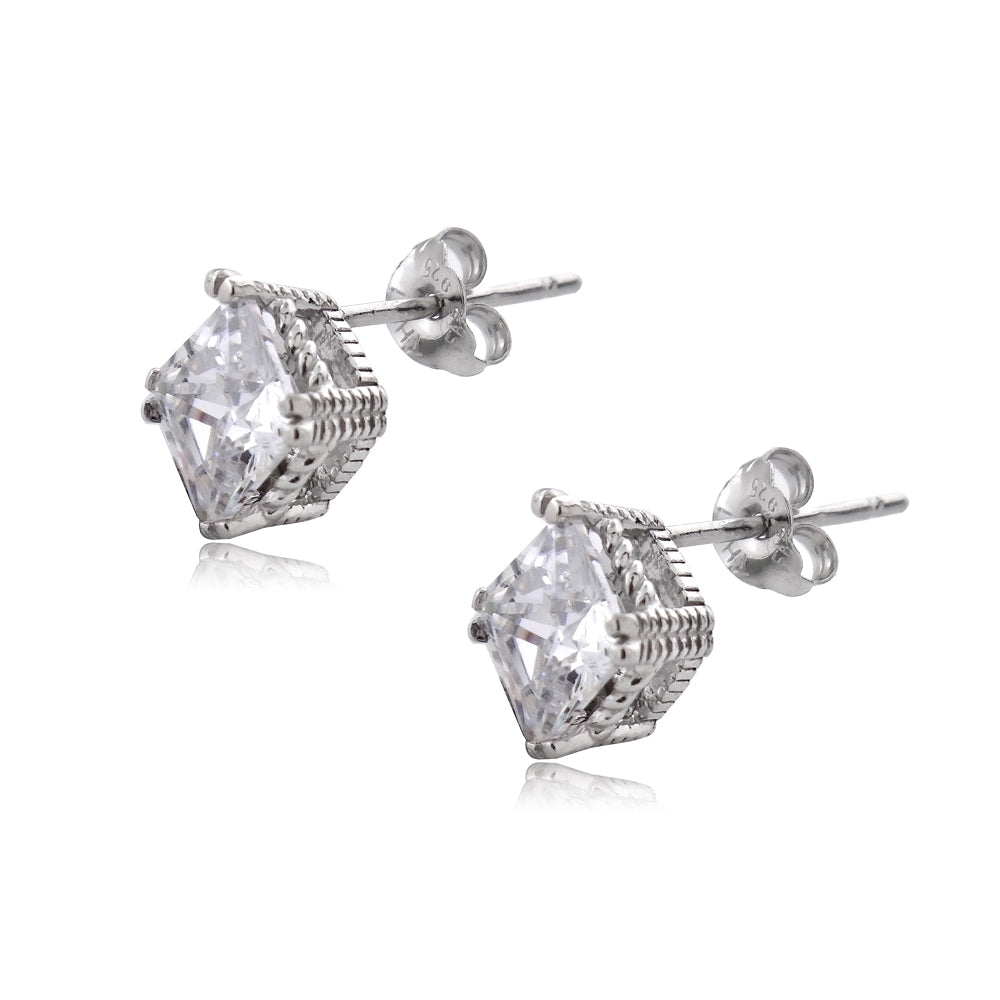 Sterling Silver 2.ct CZ Diamond-Shape Stud Earrings-3