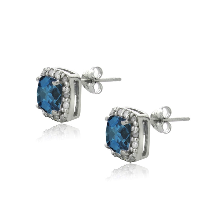 Sterling Silver 2.1 ct London Blue Topaz & 1/8 ct Diamond Stud Earrings