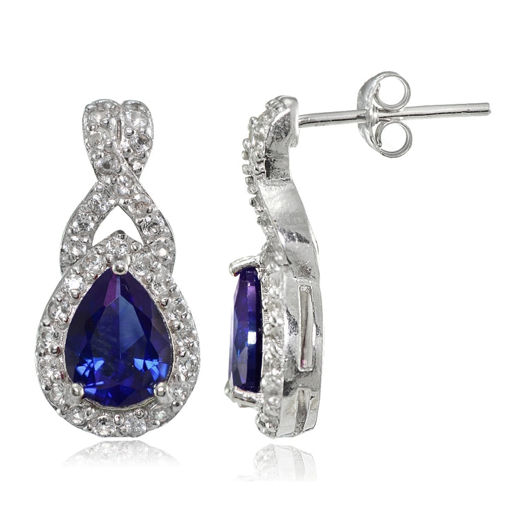 Sterling Silver Created Blue Sapphire and White Topaz X and Teardrop Earrings