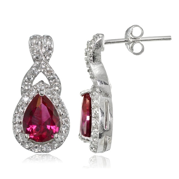 Sterling Silver Created Ruby and White Topaz X and Teardrop Earrings