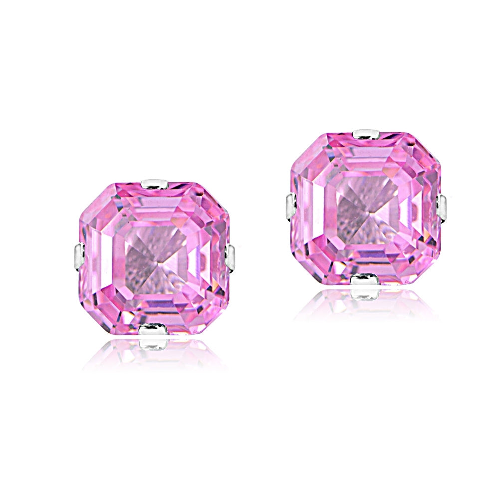 Sterling Silver 6mm Asscher-Cut Light Pink Cubic Zirconia Stud Earrings