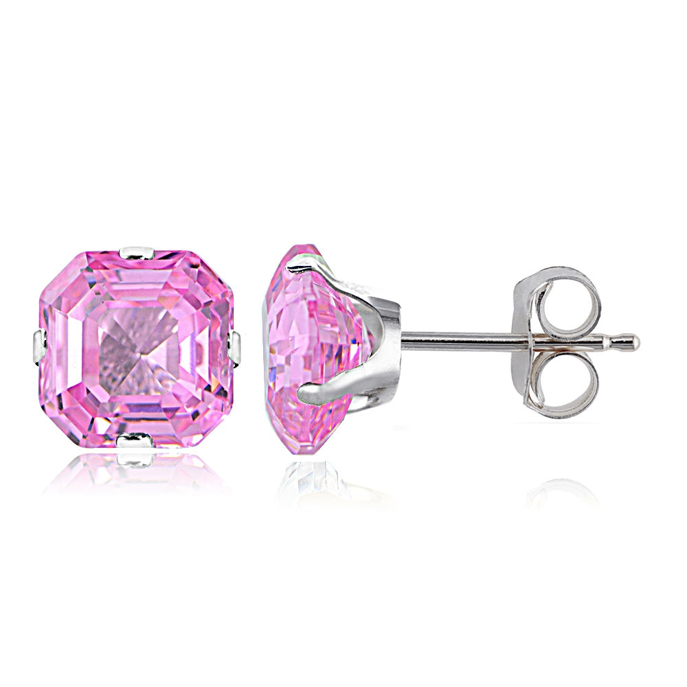 Sterling Silver 6mm Asscher-Cut Light Pink Cubic Zirconia Stud Earrings-2