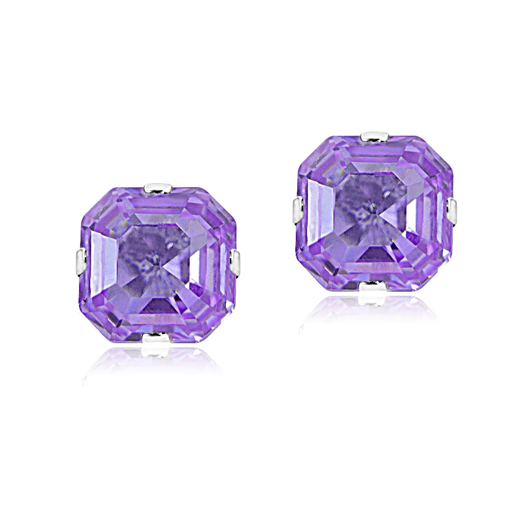 Sterling Silver 6mm Asscher-Cut Lavender Cubic Zirconia Stud Earrings