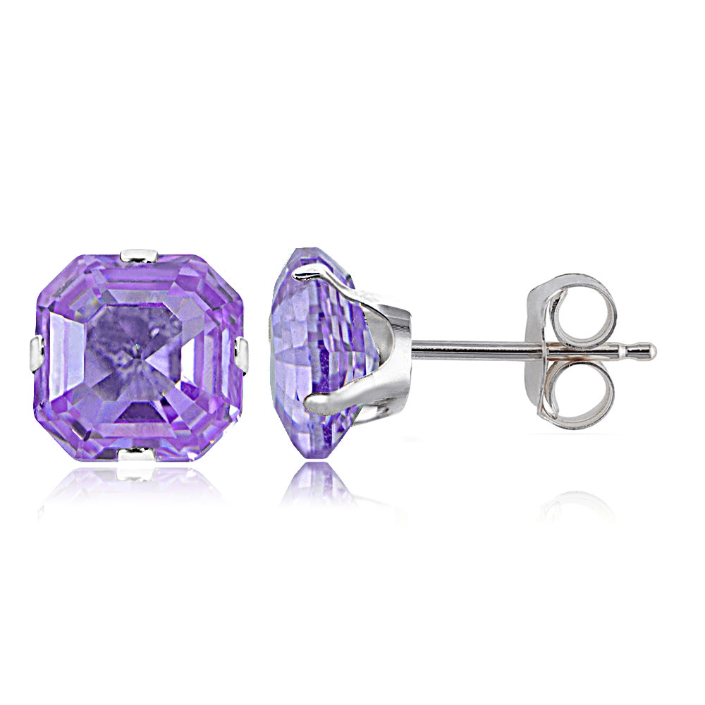 Sterling Silver 6mm Asscher-Cut Lavender Cubic Zirconia Stud Earrings-2