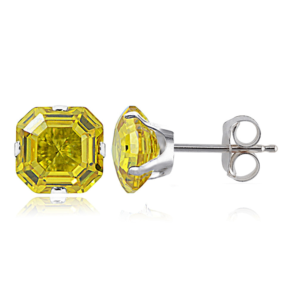 Sterling Silver 6mm Asscher-Cut Yellow Cubic Zirconia Stud Earrings-2