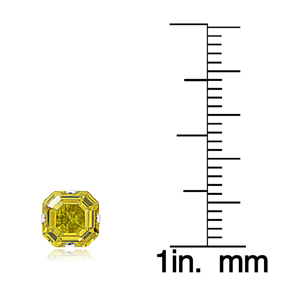 Sterling Silver 6mm Asscher-Cut Yellow Cubic Zirconia Stud Earrings-3
